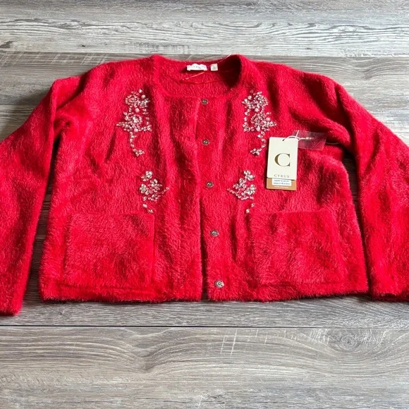 Cyrus Red Embellished Teddy Jacket Size small New with tag - Picture 1 of 8